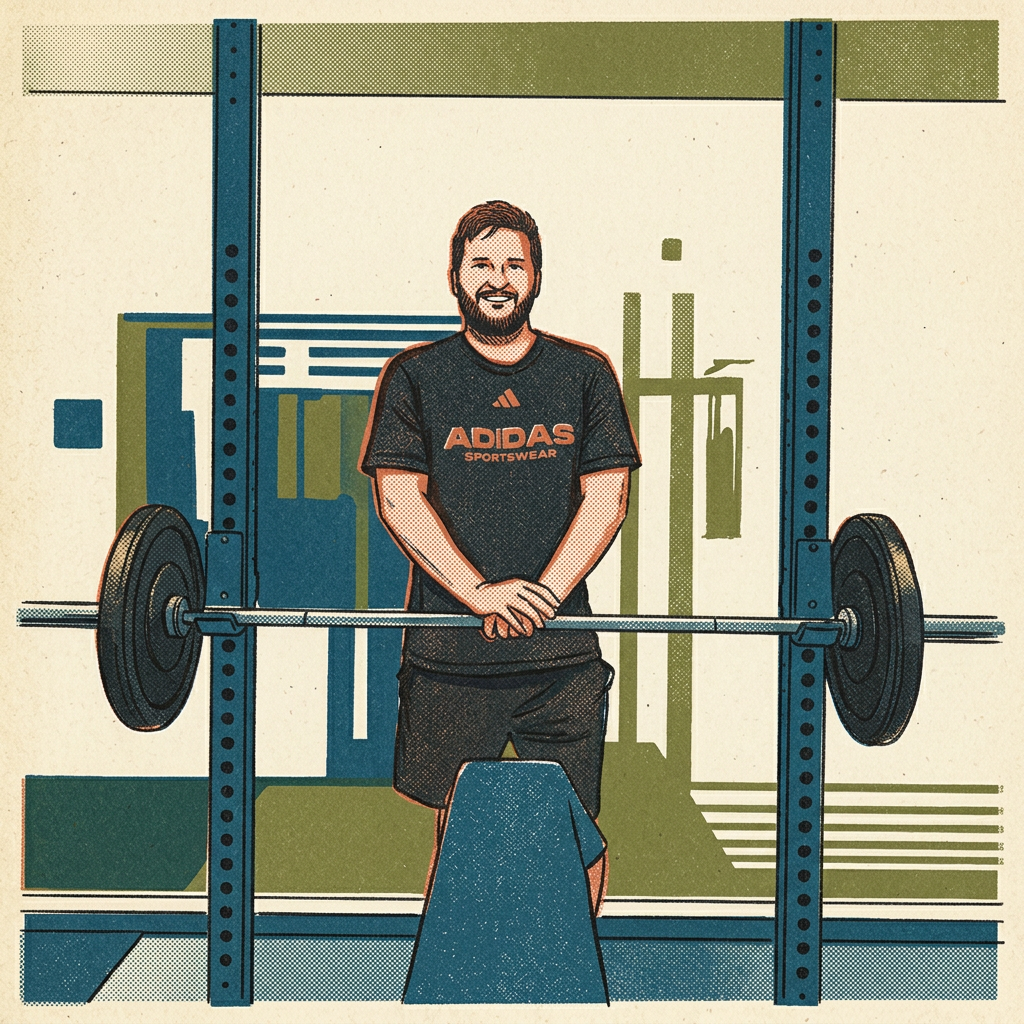Risograph portrait of Sean Dunbar Smyth at a loaded barbell
