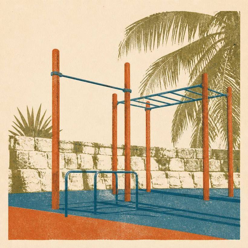 Risograph illustration of outdoor park pull-up bars