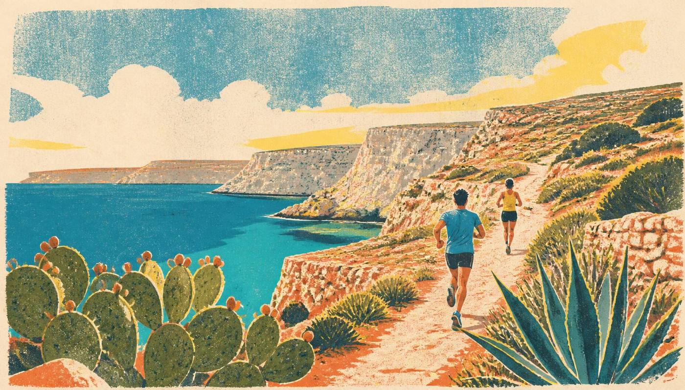 Risograph illustration of a coastal conditioning run in Malta