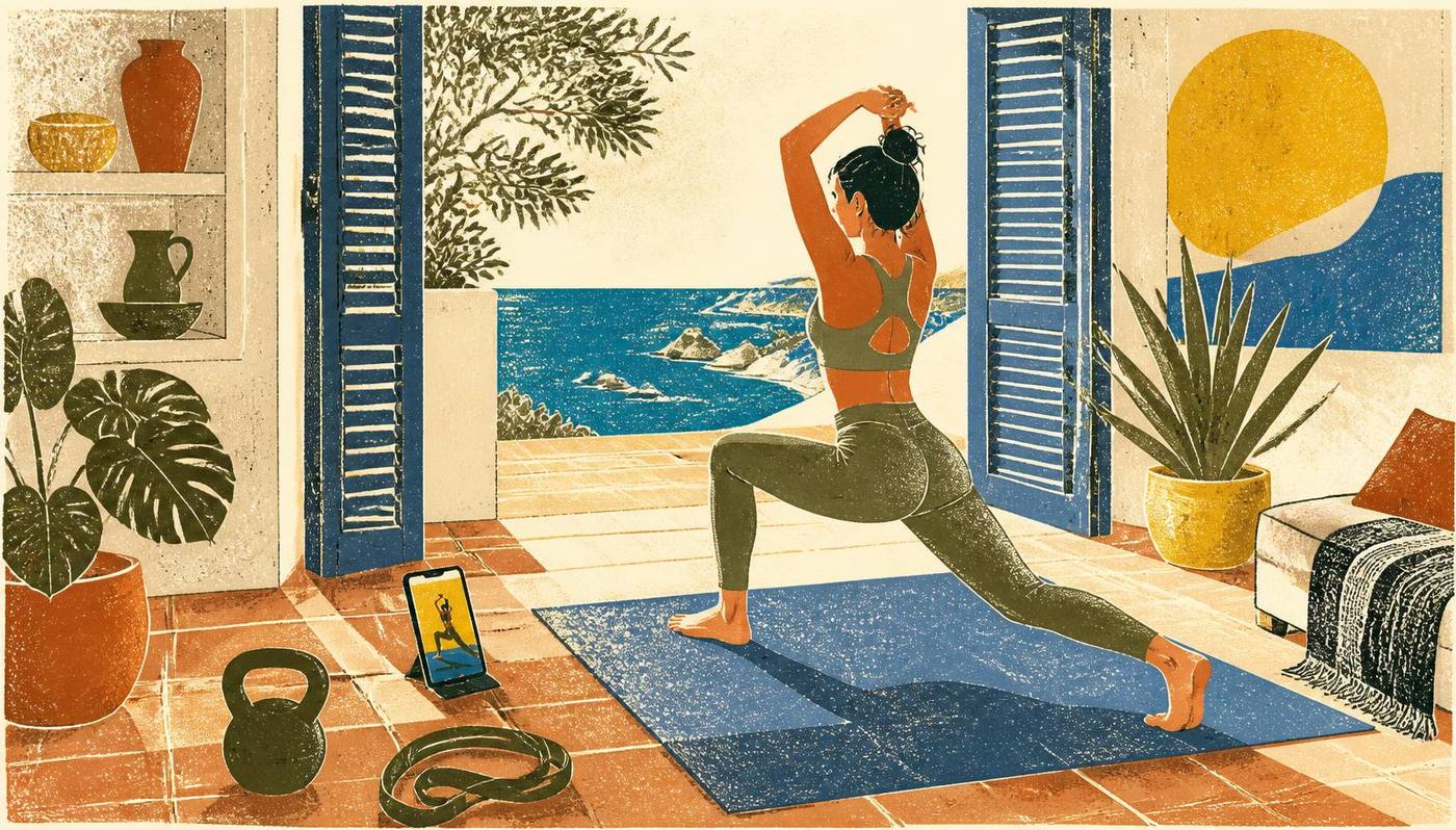 Risograph illustration of training at home with the app on a phone